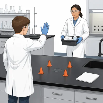 Student alerts teacher about an unknown chemical spill instead of wiping it up.