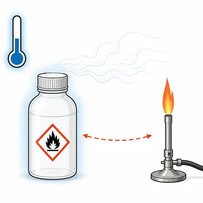 Flammable vapors from a chemical bottle near a burner flame.