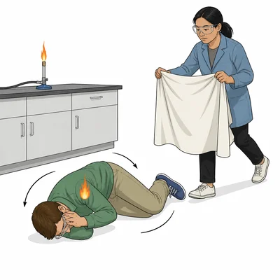 Student responds to a sleeve fire by getting down and rolling while help arrives with a fire blanket.