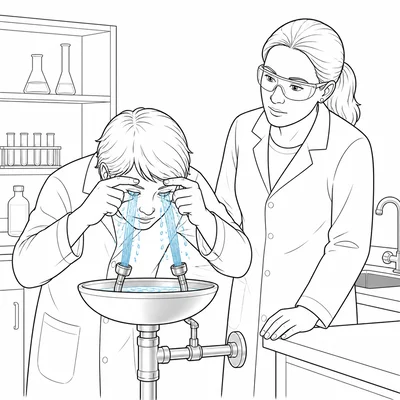 Student rinses eyes at an emergency eyewash station.