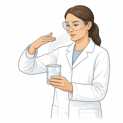 Student safely wafts vapors from a beaker instead of smelling directly.