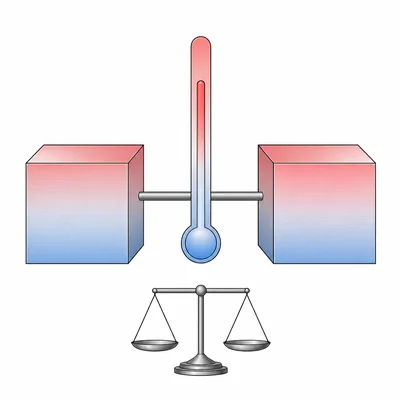 Three objects connected in thermal contact with matching temperature shading, representing thermal equilibrium.