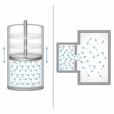 Comparison of an orderly reversible piston process and a turbulent irreversible gas expansion.