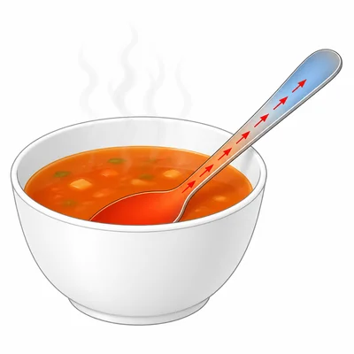 Heat flows from hot soup into a cooler metal spoon and along the spoon handle.