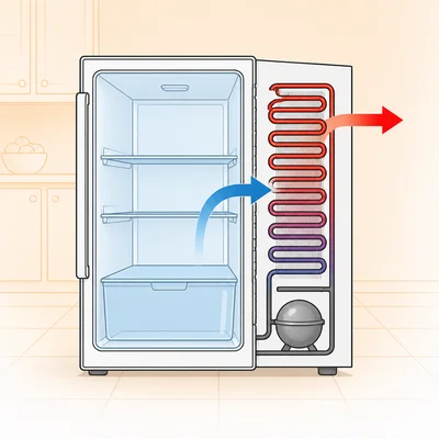 A refrigerator moves heat from its cold interior to warmer kitchen air through rear coils.
