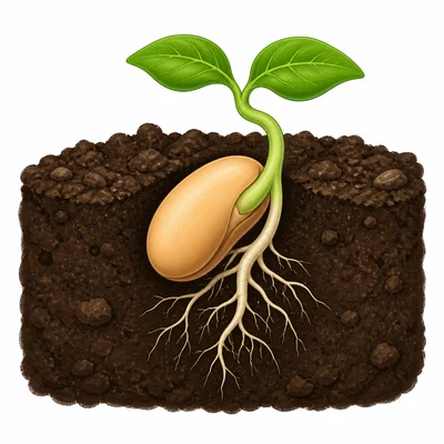 A bean seed resting in soil.