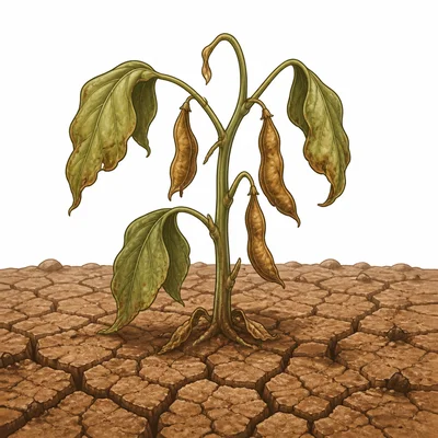 A wilted bean plant in dry cracked soil.