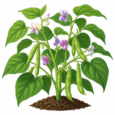 Bean plant flowers and green bean pods on the same plant.