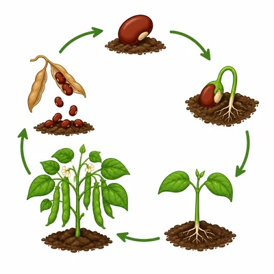 A circular bean plant life cycle from seed to new seeds.