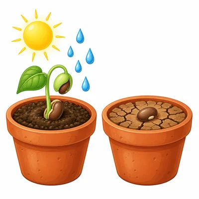 Two bean seeds, one watered and sprouting and one dry and not sprouting.