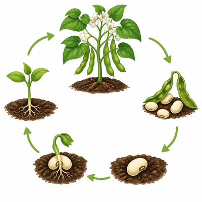 Bean plant life cycle showing seed, sprout, seedling, adult plant, pods, and new seeds.