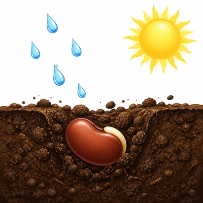 A bean seed in soil with water drops and sunlight.
