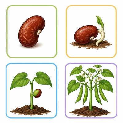 Four stages of a bean plant life cycle.