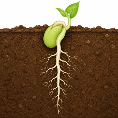 A bean seed with a root growing downward into soil.
