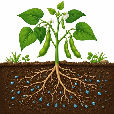 Bean plant roots spreading underground toward water.