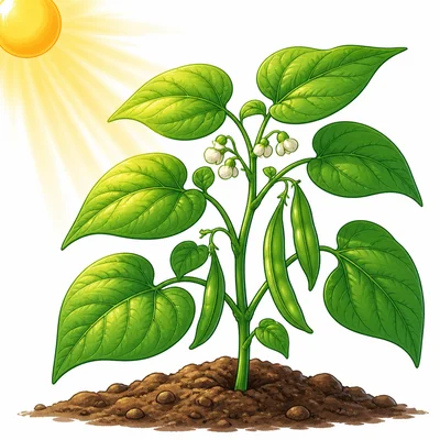 Sunlight shining on green leaves of a bean plant.