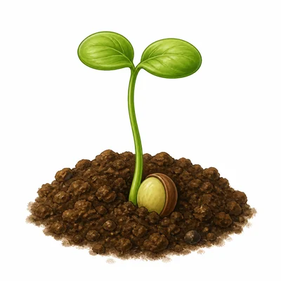 A young bean seedling with a thin stem and small leaves.