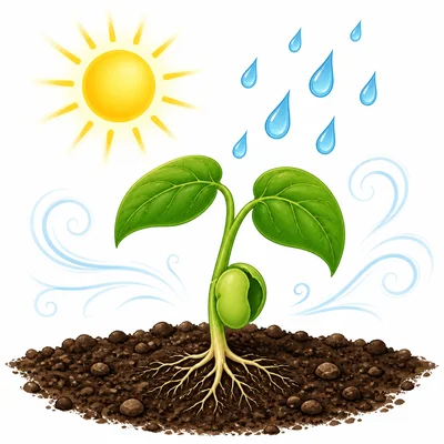 A bean seedling with sunlight, water, soil, and air.