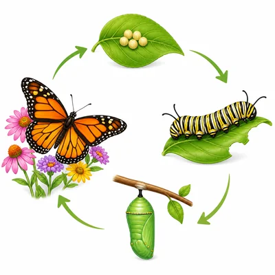 Butterfly life cycle with eggs, caterpillar, chrysalis, and adult butterfly.