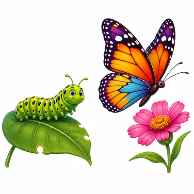 A caterpillar beside an adult butterfly.