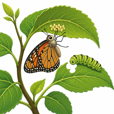 A butterfly laying eggs on a leaf where caterpillars can eat.