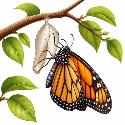 A butterfly emerging from a chrysalis.