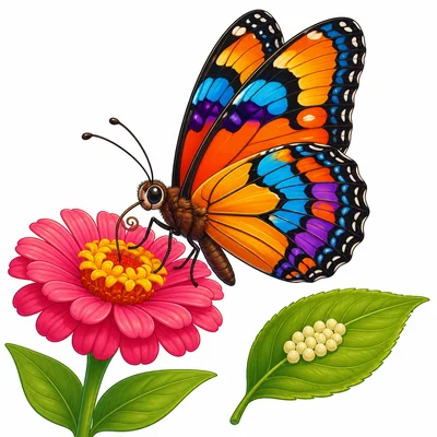 An adult butterfly drinking nectar with eggs nearby.