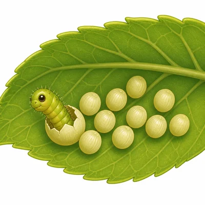A tiny caterpillar hatching from eggs on a leaf.