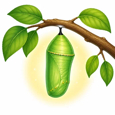A chrysalis hanging from a branch.