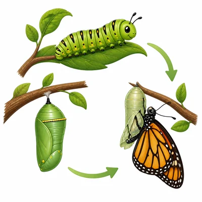 A caterpillar changing into a butterfly through a chrysalis.