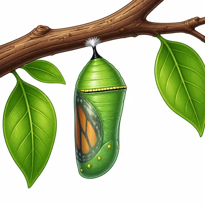 Close-up of a chrysalis hanging from a twig.