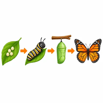 Eggs, caterpillar, chrysalis, and adult butterfly shown in order.