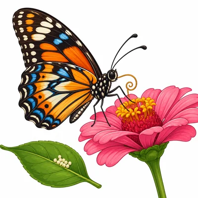 An adult butterfly drinking nectar near eggs on a leaf.