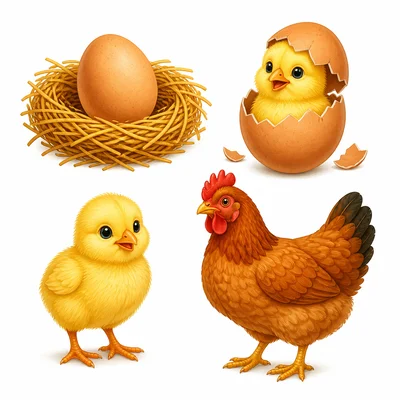 Four chicken life stages: egg, hatchling, chick, and adult hen.