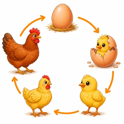 Chicken life cycle shown as a repeating circle.