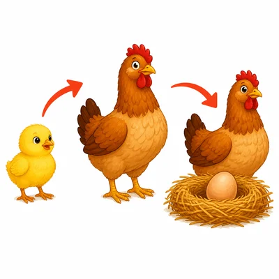 A chick grows into an adult hen that lays an egg.