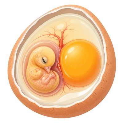Cutaway chicken egg with a tiny developing chick inside.