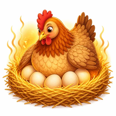 Hen keeping eggs warm in a nest.