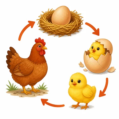 Chicken life cycle diagram with arrows.