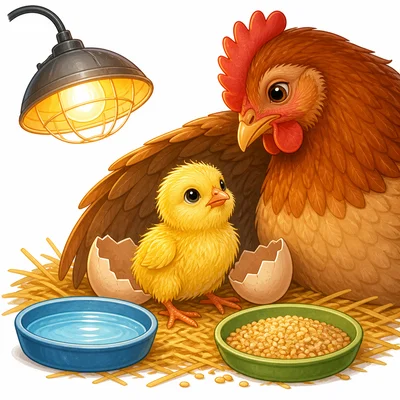 A chick with water, food, and warmth.
