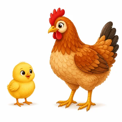 A chick beside an adult chicken.