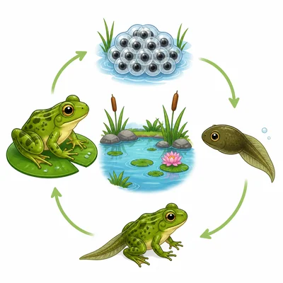 Four frog life cycle stages: eggs, tadpole, froglet, and adult frog.