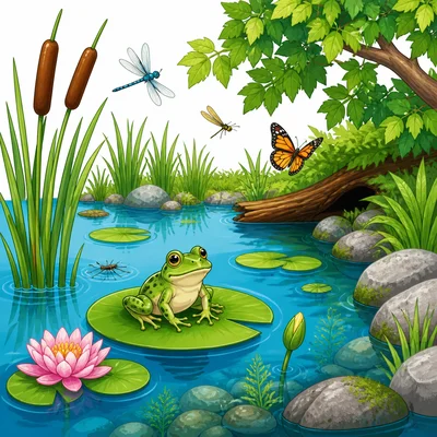 A frog in a pond habitat with water, plants, insects, and shelter.