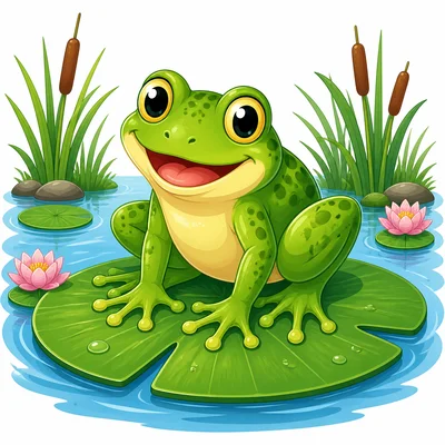 An adult frog sitting on a lily pad.