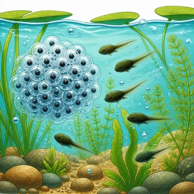 Frog eggs and tadpoles in pond water.