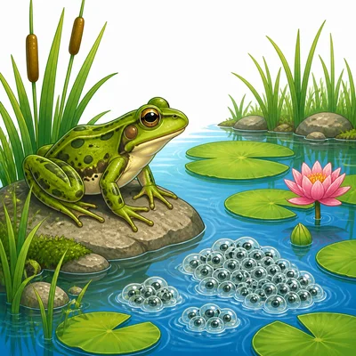 An adult frog with new egg clumps in pond water.