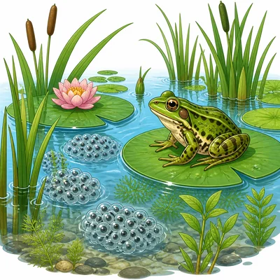 Frog eggs floating in jelly-like clumps in a pond.