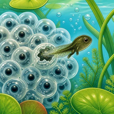 A tadpole hatching from a frog egg.