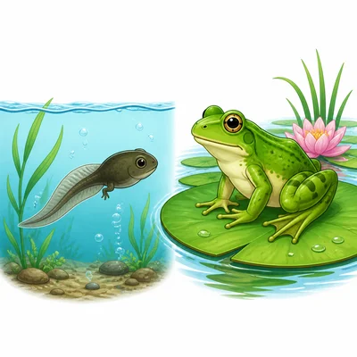 A tadpole with a tail beside an adult frog with legs.