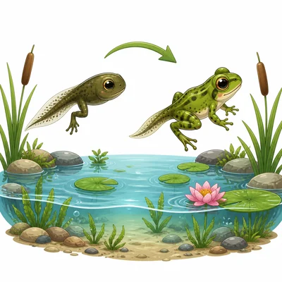 A tadpole developing legs and becoming a froglet.